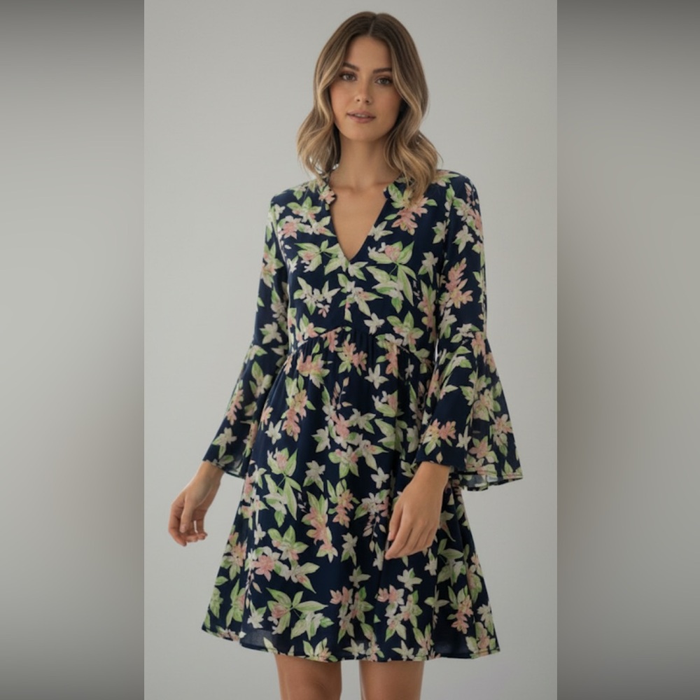 Umgee Navy Floral Boho Bell Sleeve Dress Large